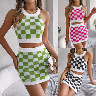 Spring/Summer 2025 European and American Contrast Plaid Navel Top Hip Skirt Knitted suit Amazon Cross-border Women's Wear