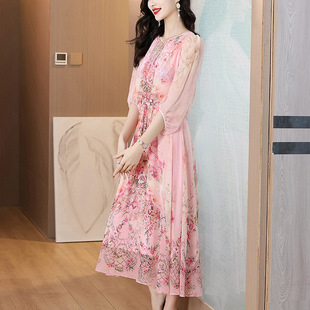 Spring and Summer 2025 New in Mulberry Silk Floral dress Women's Spring French Style Sweet Waist Silk Seaside Holiday Skirt