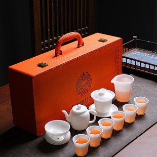Sheep fat jade ice tea set suit kung fu tea set white porcelain gift suit plain burning ice white teapot gift box gift