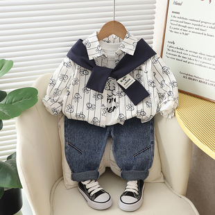 2023 New Autumn Children's Wear Boy's Handsome Long-sleeved Cardigan Jacket Spring and Autumn Small and Medium-sized Children's Three-piece Fashionable Hair