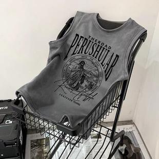 American Style Retro Old Short-sleeved Vest for Boys Summer New Fashionable Brand Style High Street Ruffian Handsome All-match Loose Sleeveless Shirt