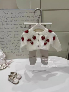 Korean Handmade Strawberry Girls' Knitted Cardigan 2024 Autumn and Winter New Baby Girl Sweater Coat