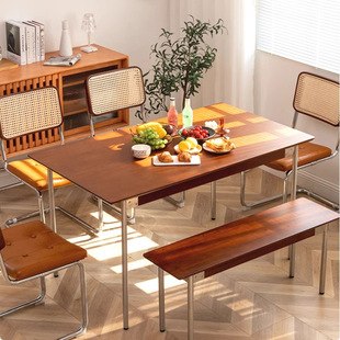 Bauhaus Solid Wood Rock Plate Dining Table Household Small Apartment Middle Ancient Internet Celebrity Stainless Steel Rectangular Nordic Vintage Dining Table