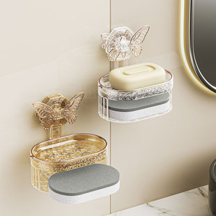 Bathroom Wall-mounted Light Luxury Creative Double-layer Draining Soap Box Storage Rack Soap Rack Butterfly Suction Soap Box