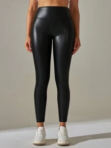 Women's Wide Belt High Waist Faux Leather Plain Skinny Pants Stretch and Lifting Sexy Black