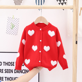 Jinbeier Children's Wear Girls' Imitation Sable Love Jacquard Cardigan 25 Spring New Top Baby Crewneck Core-spun Yarn Sweater