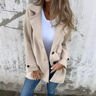 2024 Cross-border Autumn and Winter New Amazon European and American Women's Woolen Coat Women's Casual Loose Lapel Pocket Cardigan