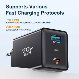 QC3.0 PD нитрид галлия зарядное устройство 70W Высокая мощность подходит для портативного телефона PD быстрое зарядное устройство