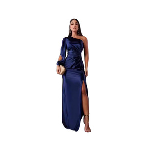 Summer New European and American Amazon Cross-border Women's Slant Collar Raglan Sleeve Pleated Waist Split Sexy Dress