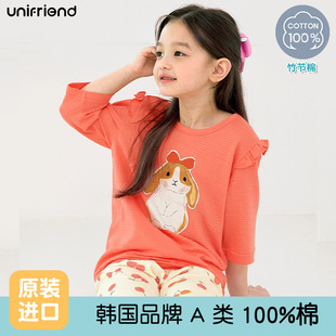 unifriend2024 new spring and summer Korean style children's pajamas cartoon baby home wear cotton seven points suit