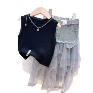 2025 Girls New Summer suit Fashion Design Sense Knitted Vest Plus Irregular Denim Mesh Spliced Skirt
