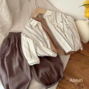 Forest-Style Retro Pure Cotton Korean Children's Clothing Spring and Summer New Vertical Striped Shirt for Boys, Trendy and Stylish