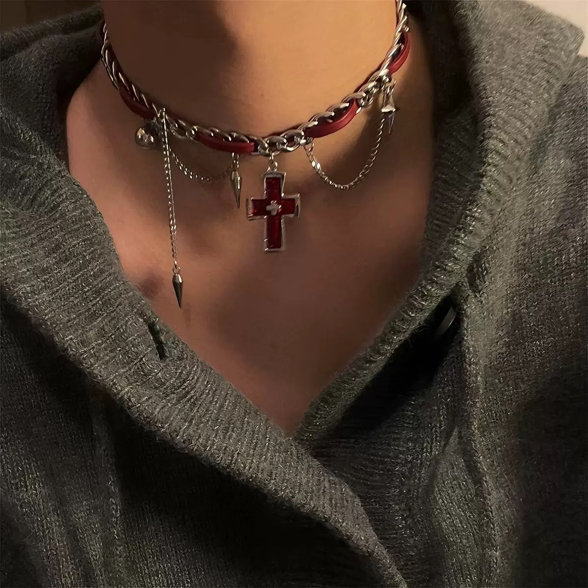 White Cross Starburst Short Necklace Men's Niche Y2K Subculture Leather Choker Chain Wrapped Women's Necklace