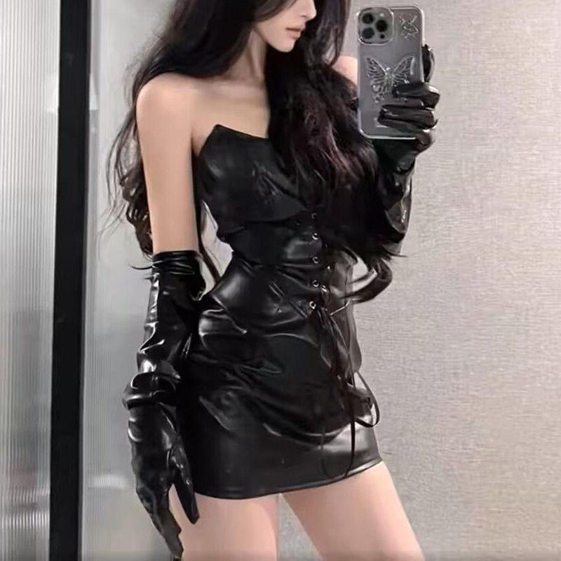 Vintage Style Sexy Lady's Strapless Leather Dress for Women, Summer Elegant Tight-Fitting Hot Girl Bodycon Leather Skirt