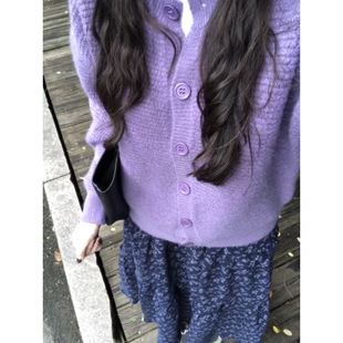 2024 Early Autumn Wear a Set of Gentle Style Purple Knitted Cardigan Coat High Waist Floral Half-length Dress for Children