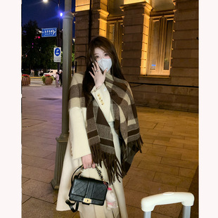 Ambience Bless Autumn and Winter Thickened Plaid Contrast Color Wool Shawl Tassic Poncho Jacket