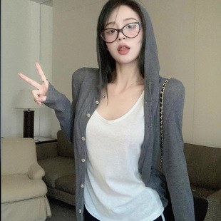 Cross-border Casual Sunscreen Cardigan Hooded Jacket Women's Sexy Pure Spring and Autumn Knitted Hot Girls Thin Long Sleeve Top