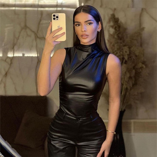 Cross-border European and American Style Fashion Women's Top Amazon Hot Street Sexy Slim Sleeveless Leather Top
