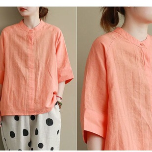 One-piece/suit stand collar shirt cotton and linen polka dot casual pants suit women's loose artistic plus size two-piece summer