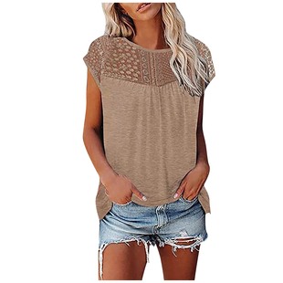 2023 Cross-border European and American New Sexy Lace Stitching T-shirt Independent Station Hot Sale Solid Color Short Sleeve Women's Top Summer