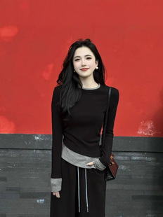 Stitching Contrast Split Long-sleeved T-shirt Base Shirt Women's 2024 New Autumn and Winter Inner Wearing High-end Top