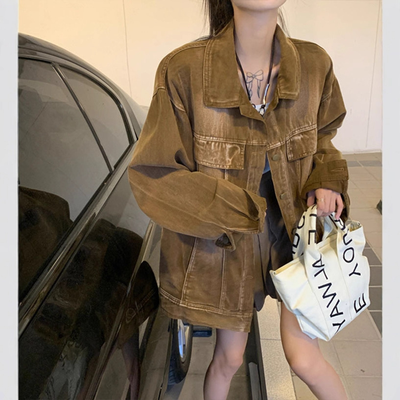 2025 American Retro Distressed Mid-Length Jacket Couple Denim Coat Early Autumn Polo Collar Long-Sleeve Top Women's Trendy