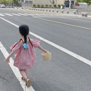Korean children's clothing girls summer sweet pink stitching love off-shoulder lace-up short sleeve princess dress short dress
