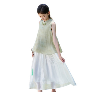 Детское платье Hanfu из искусственного материала в китайском стиле, новое жаккардовое платье Cheongsam на пуговицах в китайском стиле, летнее легкое дышащее летнее платье для больших детей.