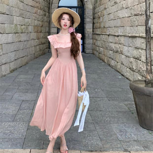Elegant A- line Skirt Small Flying Sleeve Sweet and Gentle Pink dress Women's Summer Ruffled Square Collar Long Skirt with Waist