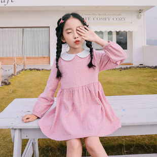 Girls' Dress Spring and Autumn New Korean Style Cotton Cute Solid Color Collar Long Sleeve Pleated Princess Dress for Middle and Big Children