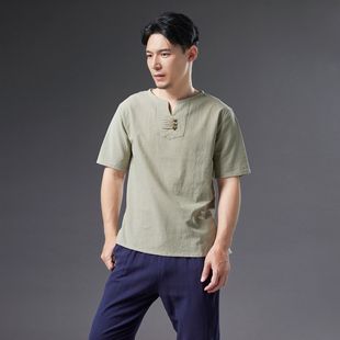 Cotton and Linen Short-sleeved 2025 Summer New Style Story Youth Chinese Style Solid Color Loose Green Casual Ordinary T-shirt