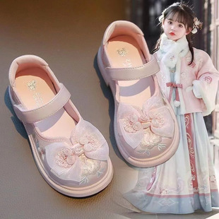 Кожаная обувь для девочек Национальный стиль Hanfu обувь 2024 весна новая детская вышитая обувь бант девушка принцесса одиночная обувь прилив