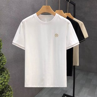 Short-sleeved T-shirt men's new solid color small embroidered slim round neck top summer combed cotton simple casual T-shirt