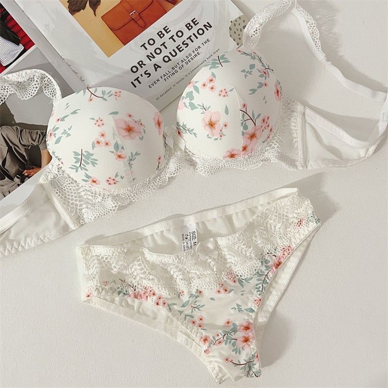 Printed thin cute sweet girl summer push-up bra for big-breasted plus-size sexy lingerie set