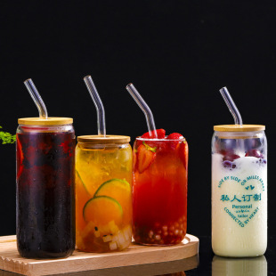 Transparent Coke Cup with Straw 16oz Mason Cup Bamboo Lid Cup Glass Drink Cup Juice Cup Straw Cup