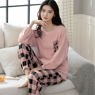 Pure Cotton Pajamas Women's Autumn and Winter Long-sleeved Trousers Casual Crewneck Girl Student's All Cotton Home Clothes for Outer Wear suit