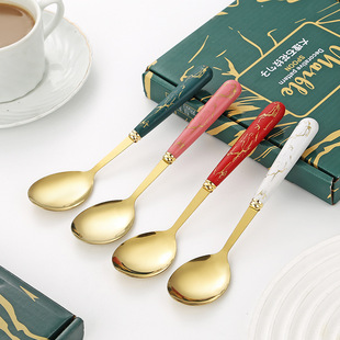 Stainless Steel Spoon Marble Pattern Imitation Porcelain Handle Household Dining Spoon Spoon Korean-style Long-handled Spoon Gift Box suit