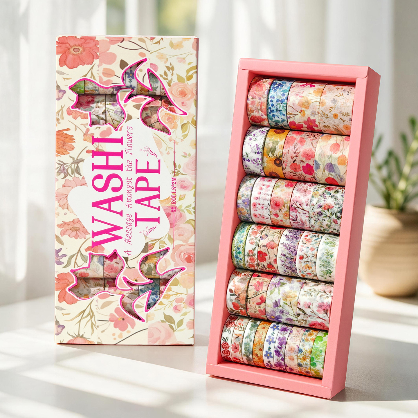Artistic floral washi tape gift box for DIY journaling, decorative materials, simple and fresh floral packaging base