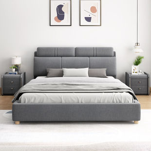 Nordic Technology Fabric Bed Simple Modern Double Bed Solid Wood Soft Bag Bed Small Apartment Storage Wedding Bed Home