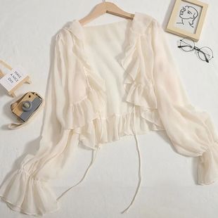 Super fairy sun protection clothing for women Summer lightweight sun protection cardigan short coat chiffon shirt with suspenders small shawl blouse for women