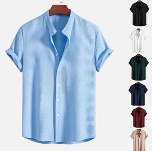 Cross Border Men's 2024 Summer New Men's Wish Amazon Men's Short Sleeve Solid Color Men's Shirt
