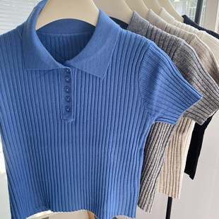 ReTro KniTTed POLO Lapel BuTTon ShorT T-shirT for Women in Spring Slimming Look VerTical PiT STrip Slim Top Trendy