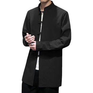 Chinese Style Men's Mid-length Shirt Spring and Autumn Chinese Tang Coat Buckle Coat Men's Loose Cotton and Linen Long-sleeved Jacket