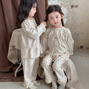 Girls' Home Clothes Spring and Autumn Cotton 2025 New Korean Style Mori Floral Baby Pajamas Lace Cardigan suit