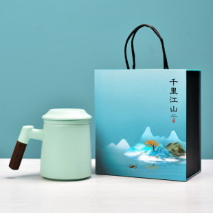 Creative Black Pottery Wooden Handle Water Cup Ceramic Mug Office Tea Cup Annual Meeting Business Gift Gift Box Custom logo