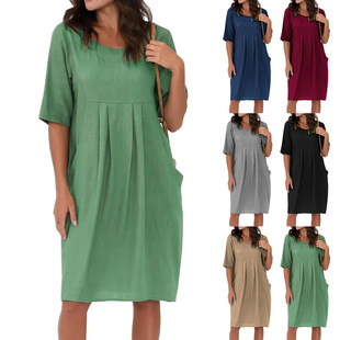 2024 Summer Amazon Independent Station New Cotton and Linen Pleated Pocket Casual Loose Round Neck Short Sleeve Dress for Women