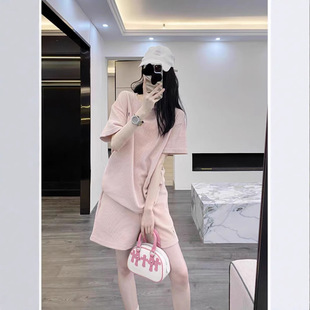 European cross-border foreign trade new pink sports clothes women's suit short sleeve shorts summer loose slim two-piece suit