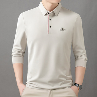 Seamless Long-sleeved 2025 Spring T-shirt Men's Casual Lapel All-match Polo Shirt Middle-aged Base Shirt T-shirt Men's