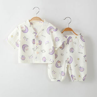 Children's Double-layer Cotton Yarn Pajamas Male and Female Baby Short-sleeved Home Clothes Infant Summer Thin Air-conditioning Clothes suit