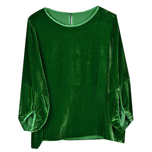 high quality Age-reducing Mother's Autumn and Winter Loose plus size Slimming Silkworm Velvet Top Round Neck Lantern Sleeve Pullover Shirt